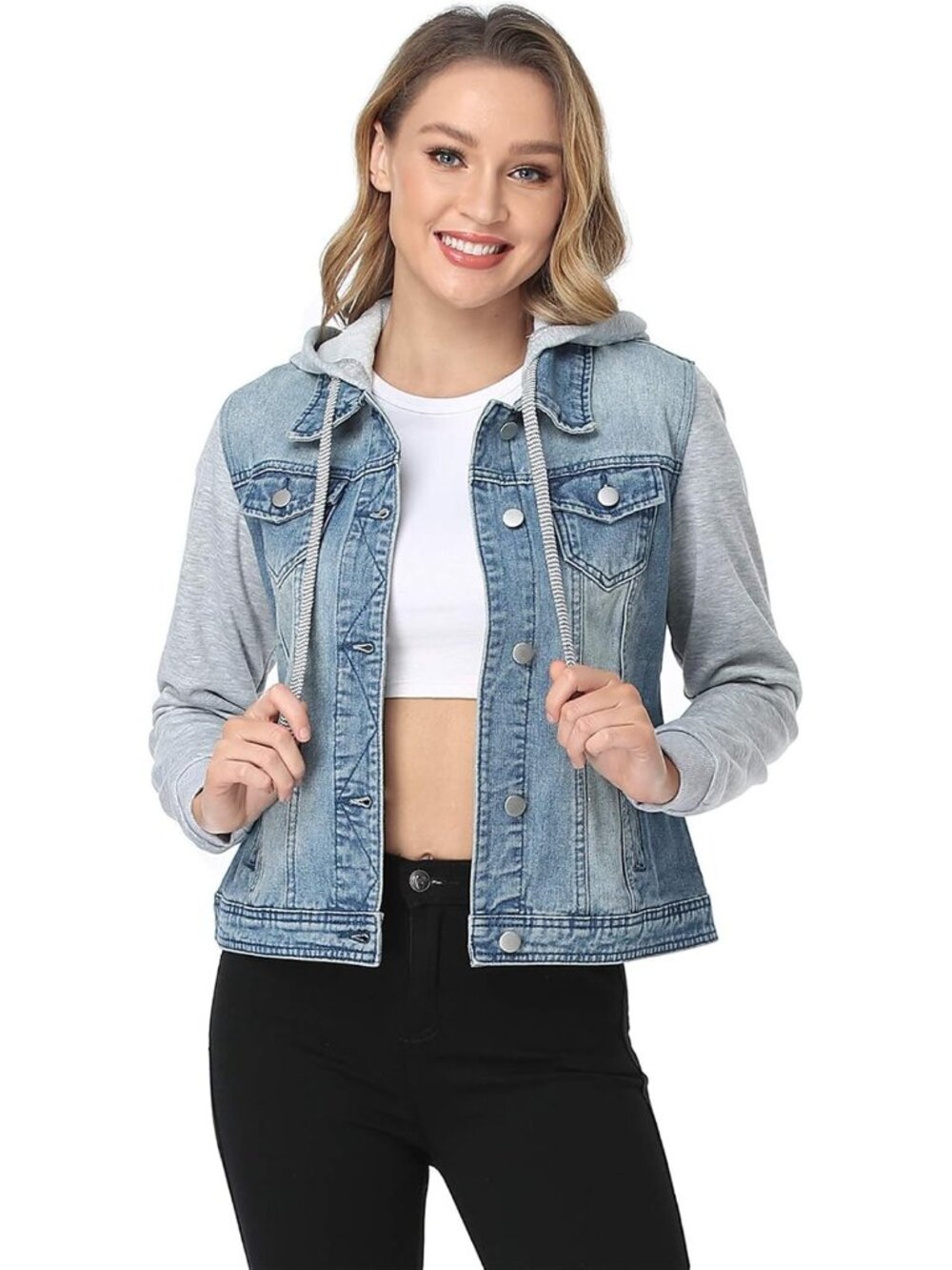 〽️Women’s Light Blue Denim Coat with Hood Casual Jean Jacket Cotton Panel Sleeve